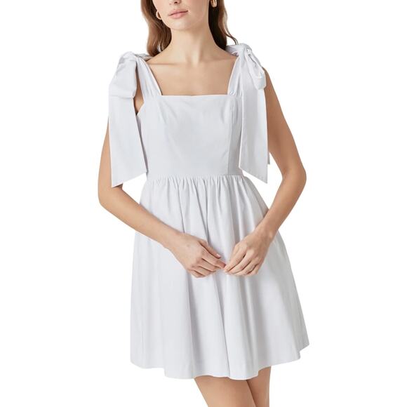 Endless Rose Ivory Bowed Straps Square Neckline Baby Doll Mini Dress - Picture 1 of 9
